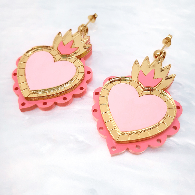Boucles D'oreilles Pendantes Fait Main – Cœur Double Céramique Rose Violet, Acier Or